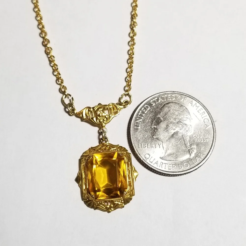Vintage Art Deco necklace yellow gem gold tone faceted 1920s 1930s Gatsby